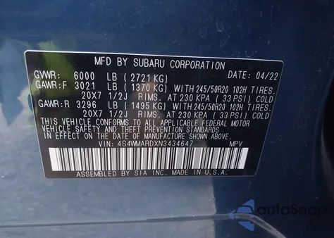 2022 Subaru Ascent Touring из США, поврежденный, VIN 4S4WMARDXN3434647